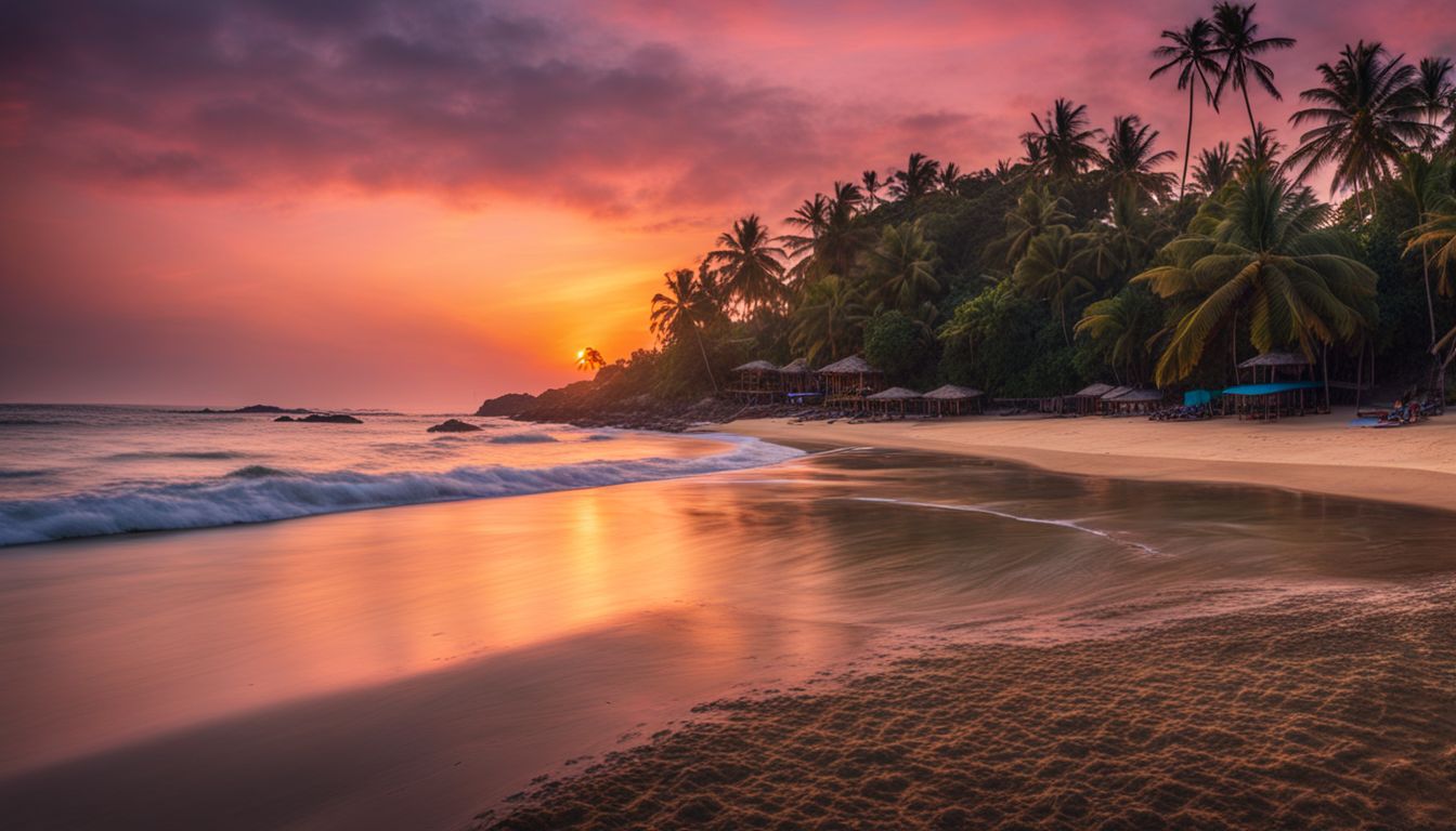 A stunning panoramic view of the vibrant Kuakata beach at sunset, showcasing the beauty and serenity of the sea.