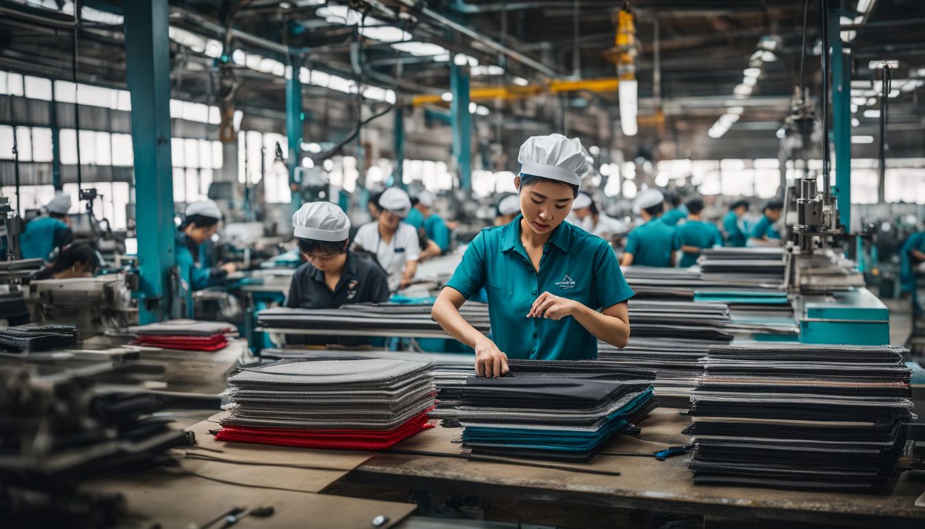 The photo shows modern machinery assembling Mongkhon headbands in a factory with a bustling atmosphere and a variety of people.