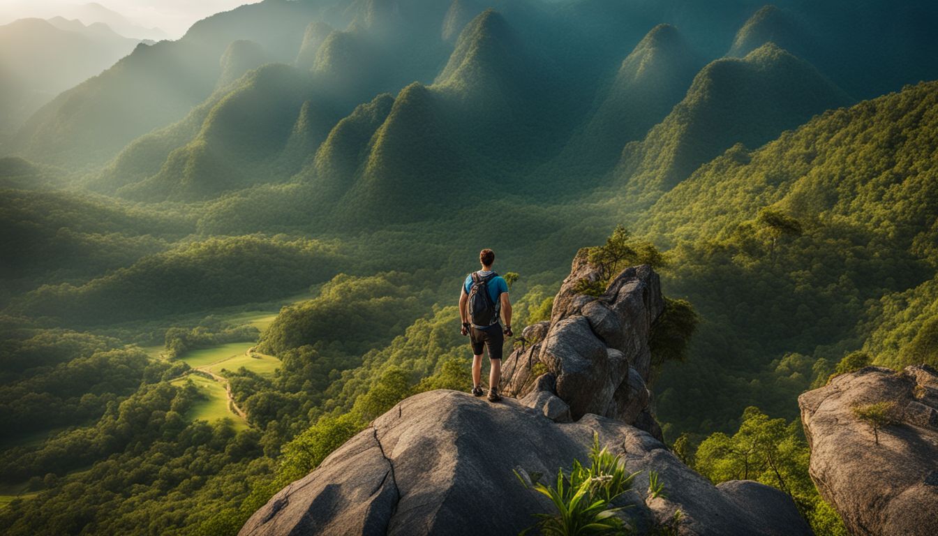 A hiker overlooks the lush green valleys of Thailand's mountainous regions in a stunning landscape photo.
