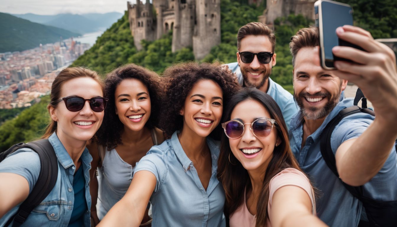 A diverse group of tourists happily taking selfies at scenic attractions.