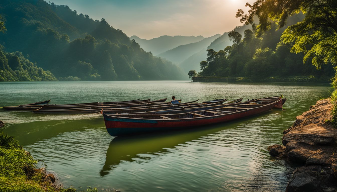 A captivating photo of Kaptai Lake surrounded by lush green mountains, showcasing its natural beauty and bustling atmosphere.