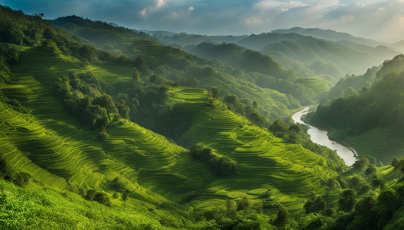 A stunning panoramic view of the lush green hills and flowing streams of Bandarban.