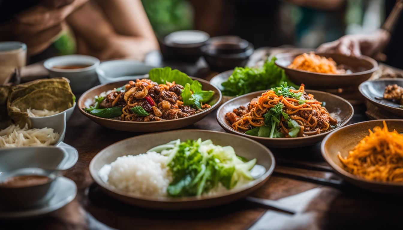 A photo of a delicious plate of Thai food featuring Khua Kling, Kub Kao Kub Pla, and Wana Yook, with a variety of people enjoying the meal.