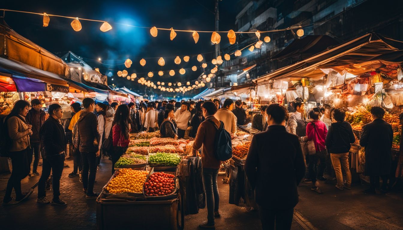 A lively night market with diverse food stalls and energetic street vendors captured in a vibrant and captivating photograph.