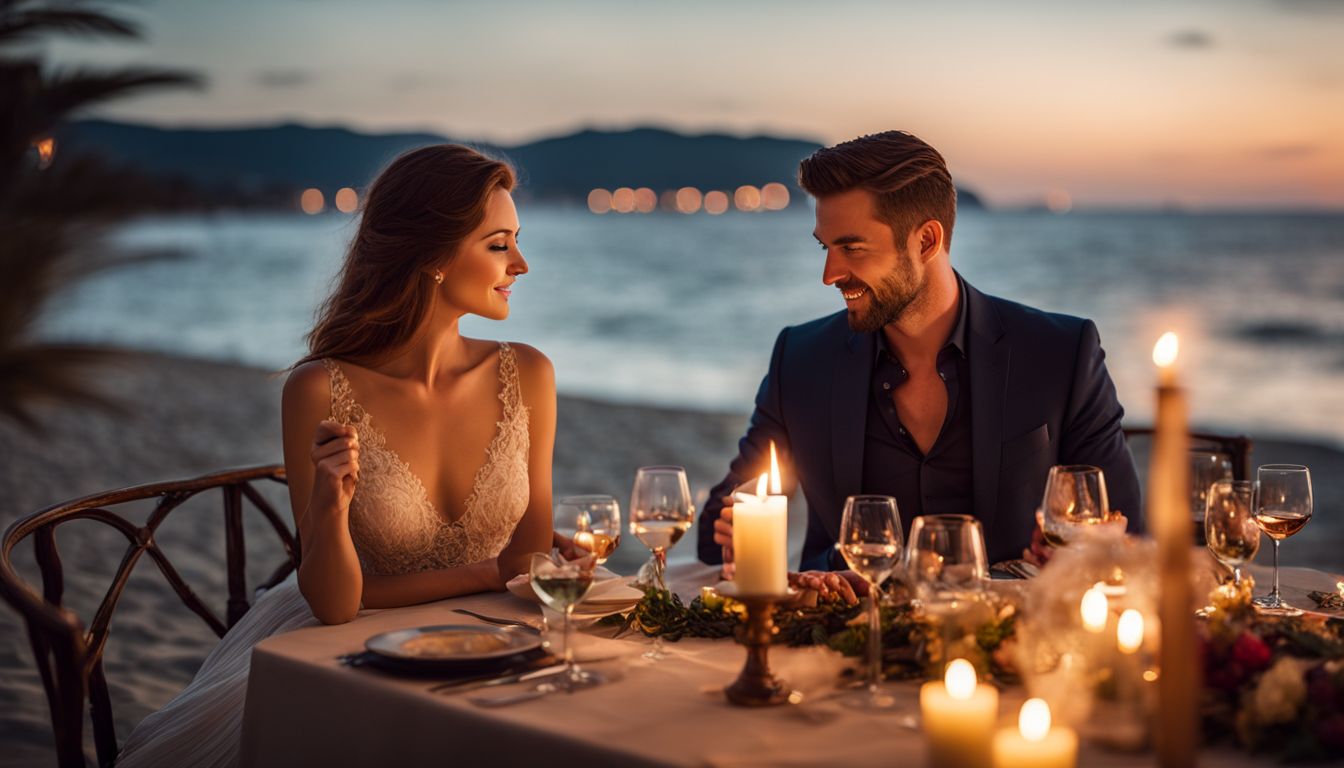 An elegant couple enjoys a candlelit dinner on a picturesque beach with a bustling cityscape backdrop.