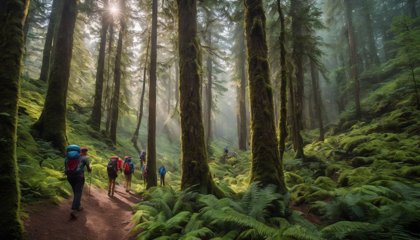 A diverse group of hikers explore a vibrant forest with towering trees.