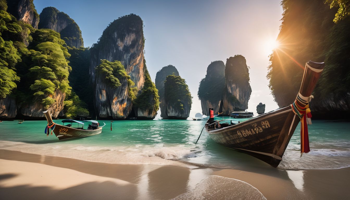 A diverse group of tourists are exploring the picturesque Railay Beach in Thailand.