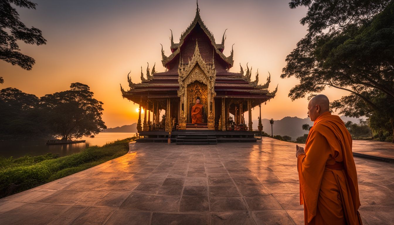 A photo of Wat Ban Tham at sunset with a monk standing in front of a boat shrine.