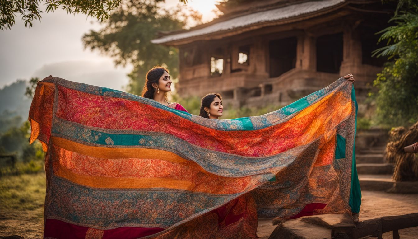 A photo of Nakshi Kantha displayed against a traditional backdrop with diverse individuals showcasing different styles and outfits.