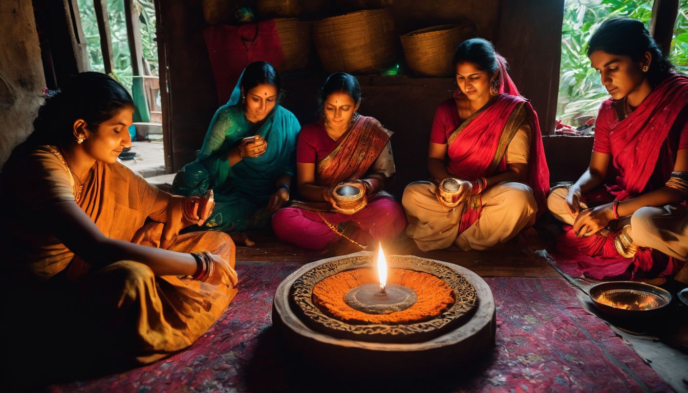 A diverse group of friends gather in a traditional Bangladeshi home to light handmade clay lamps.