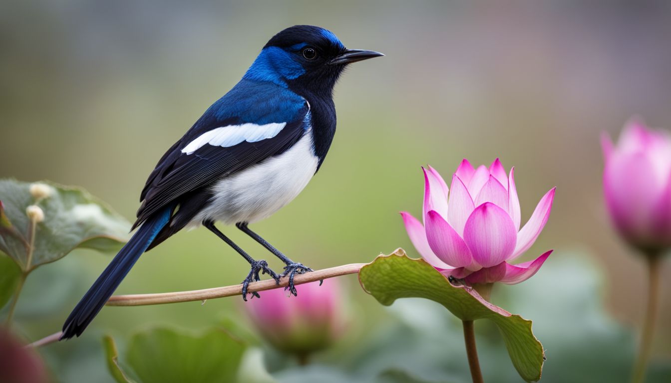 A stunning photograph of an Oriental Magpie-Robin perched on a lotus, surrounded by different people and vibrant outfits.