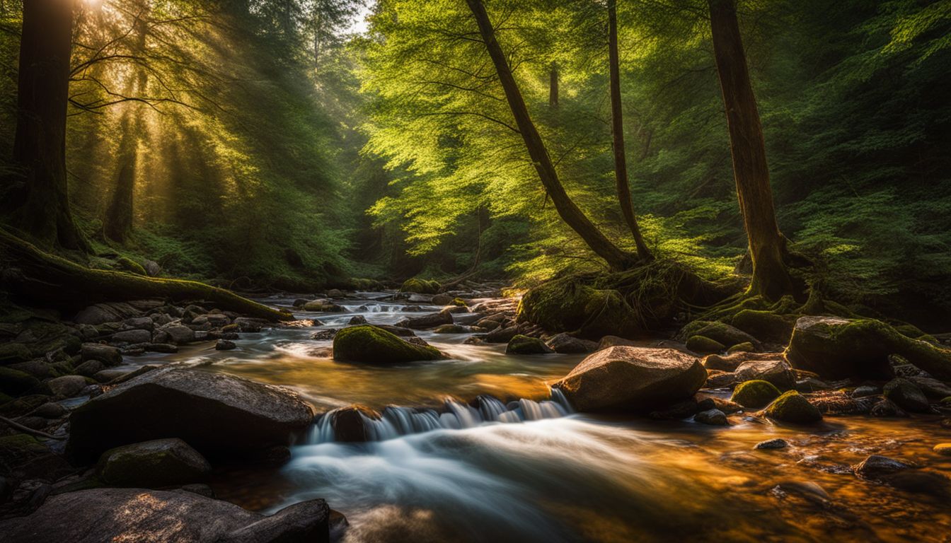 A vibrant forest scene with sunlight streaming through the trees, illuminating a babbling brook.