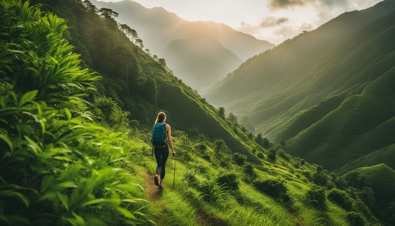 A woman hikes through the lush green trails of Sajek Valley surrounded by towering hills.