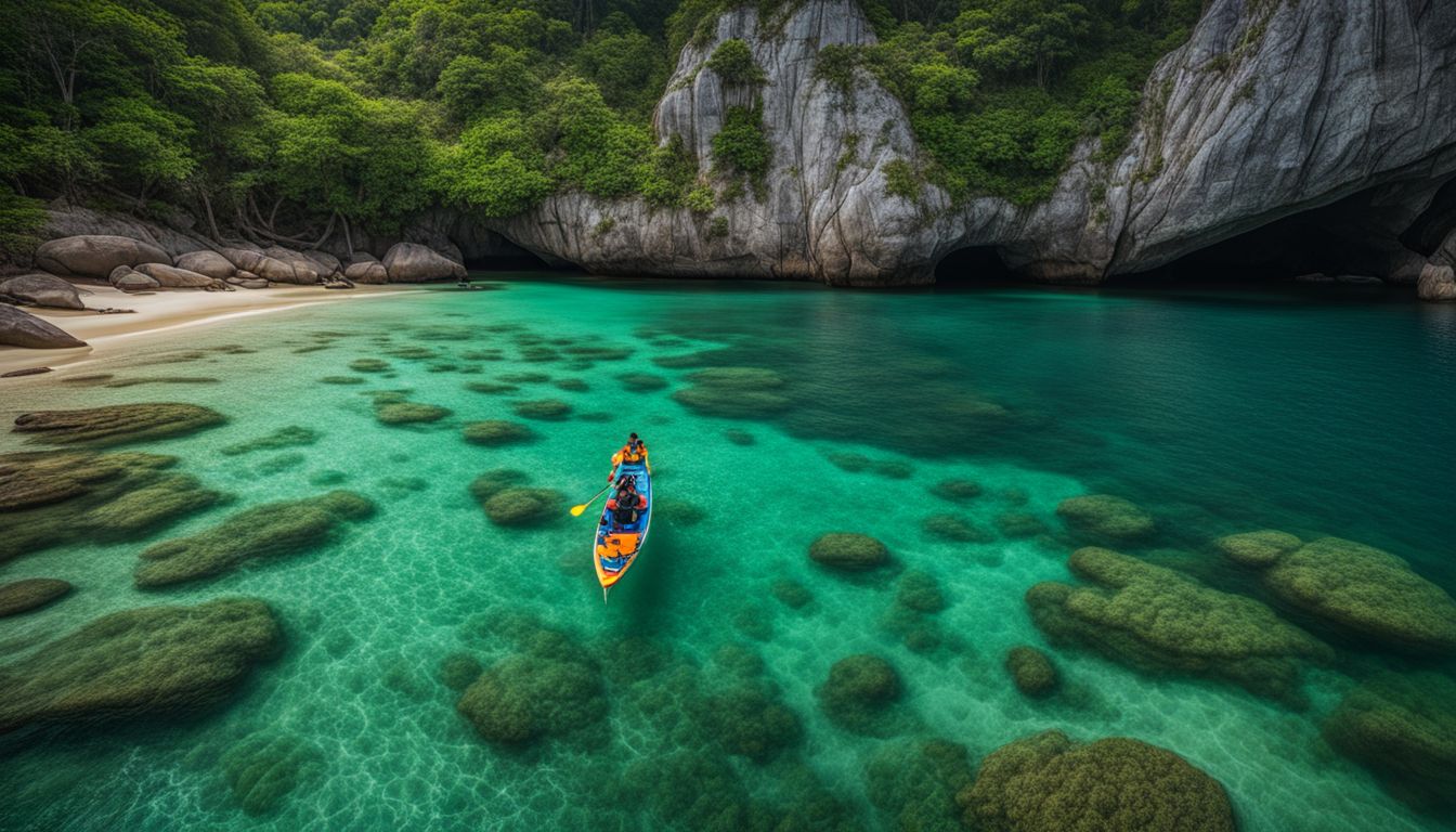 A vibrant photo showcasing the stunning beauty of Ko Adang's crystal-clear waters surrounded by lush greenery.