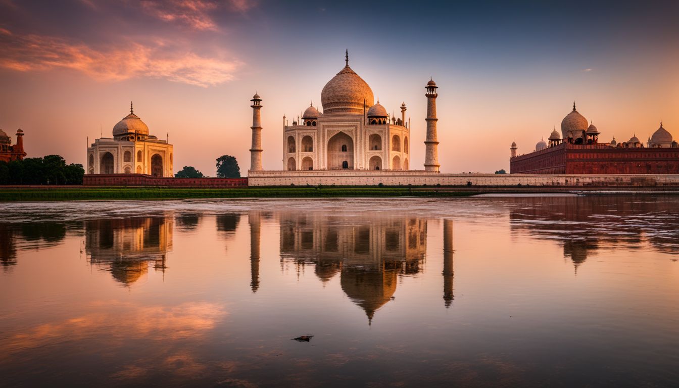 A stunning photo of the Taj Mahal reflecting in the Yamuna River at sunrise.