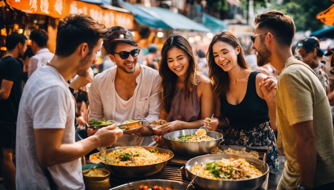 A diverse group of friends enjoy authentic Thai street food at a bustling food market.