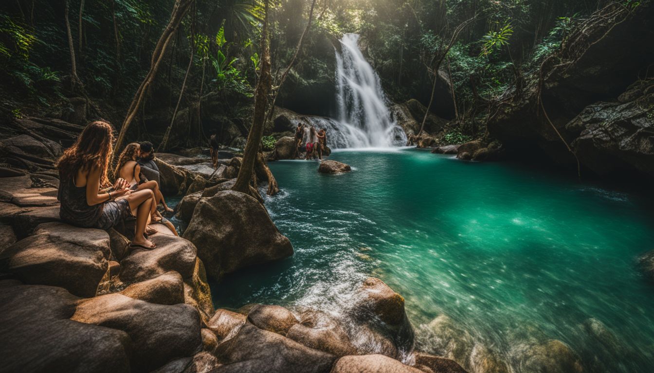 A group of people explore a hidden waterfall in Koh Phangan's lush jungle.