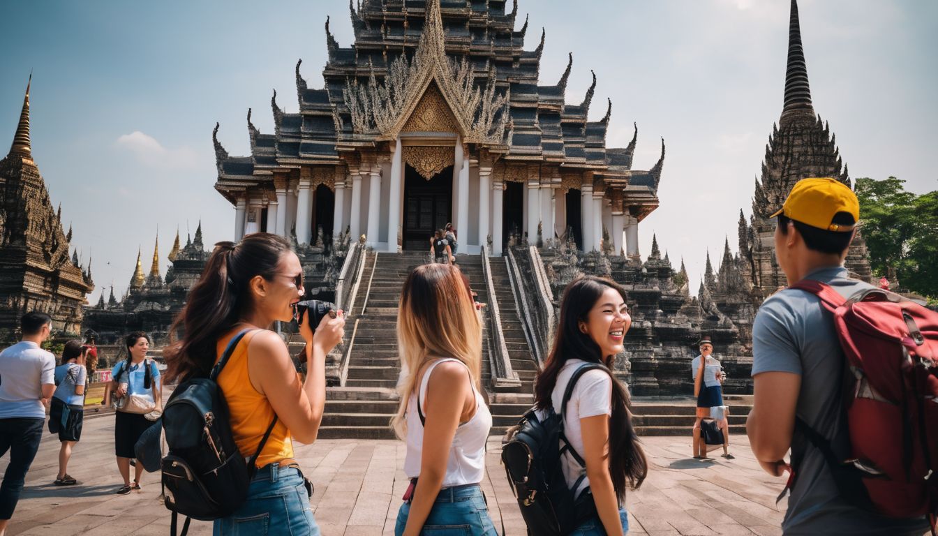 A diverse group of tourists laughing and taking photos in front of iconic temples in <a href=