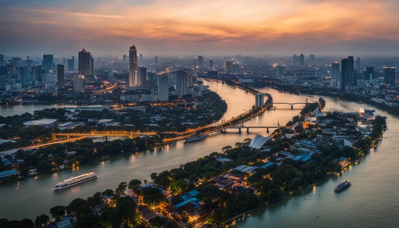 Panoramic view of the Chao Phraya River with Santichaiprakarn Park in the foreground and a bustling atmosphere.