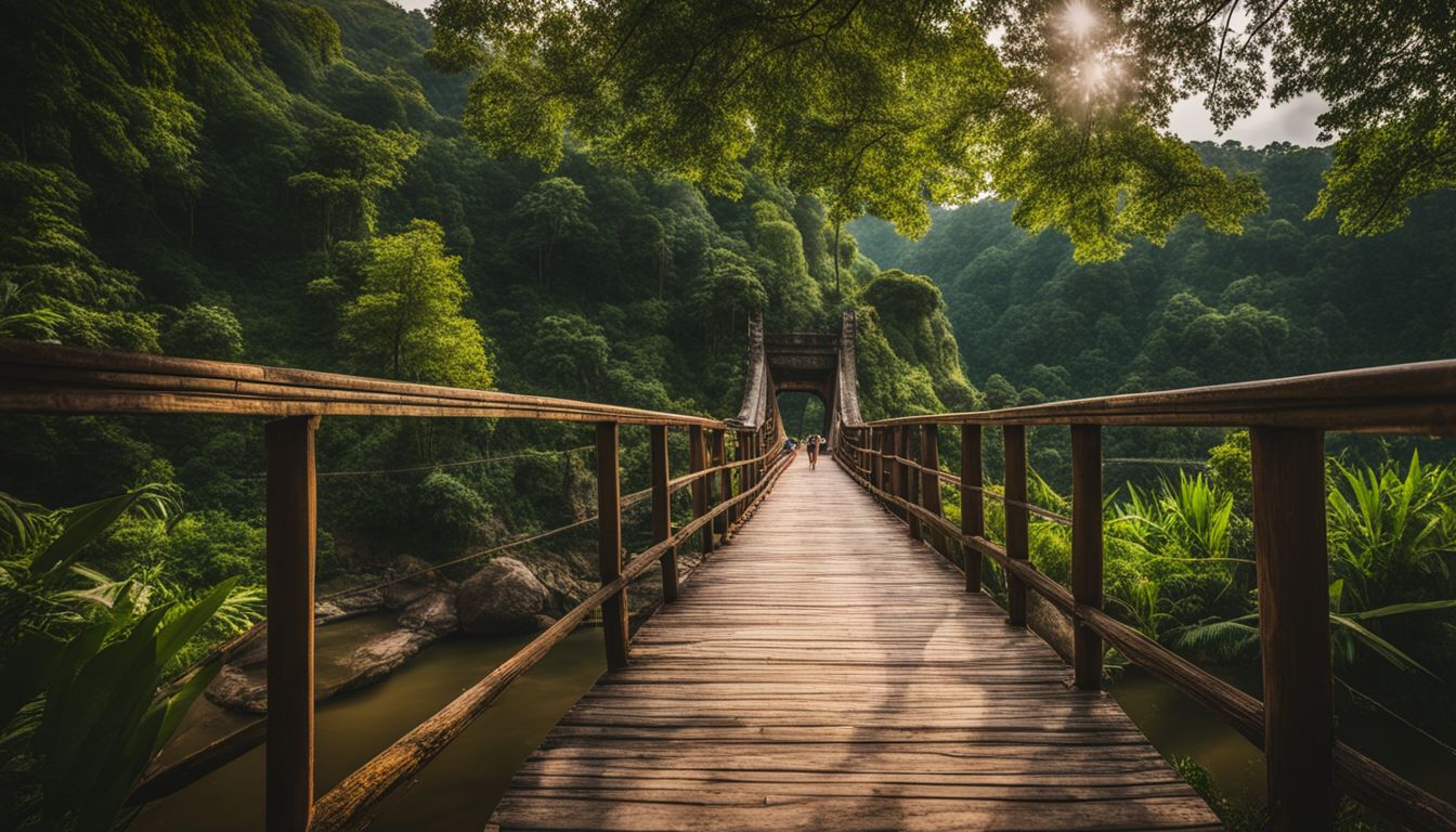 A photo of The Bridge Wat Tham Khao Pun surrounded by lush greenery, capturing the bustling atmosphere of the location.
