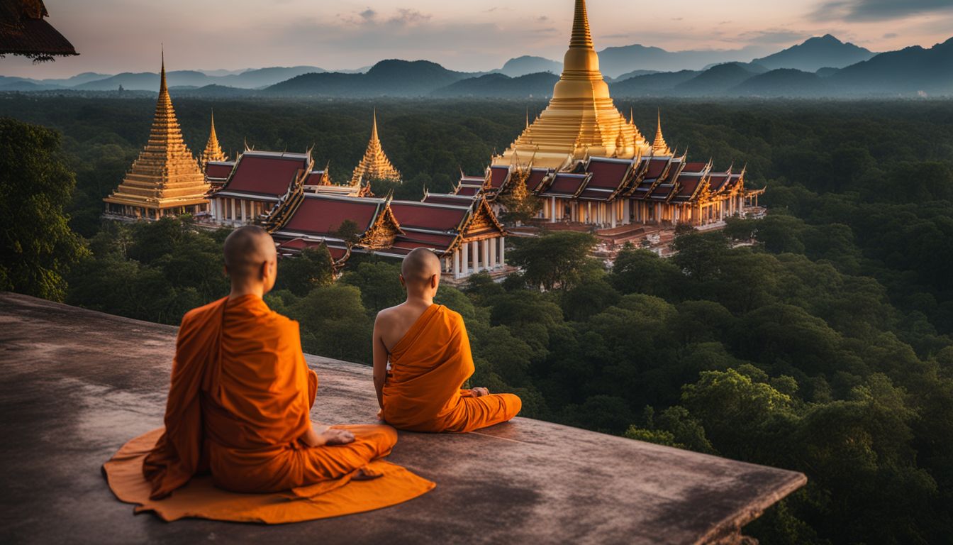Buddhist monks meditate amidst the majestic temple complex of Wat Tham Suea.