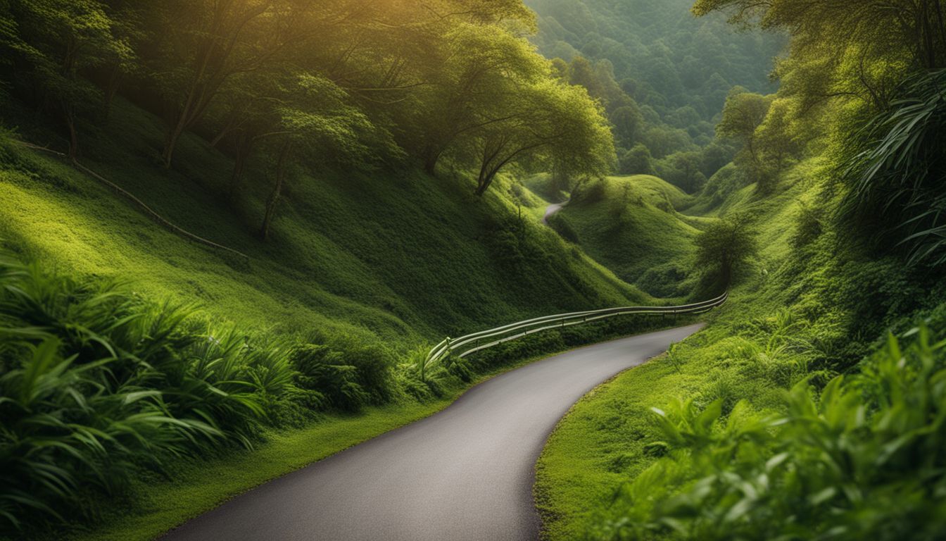 A scenic road surrounded by greenery featuring people with diverse appearances and outfits, captured in high-resolution quality.