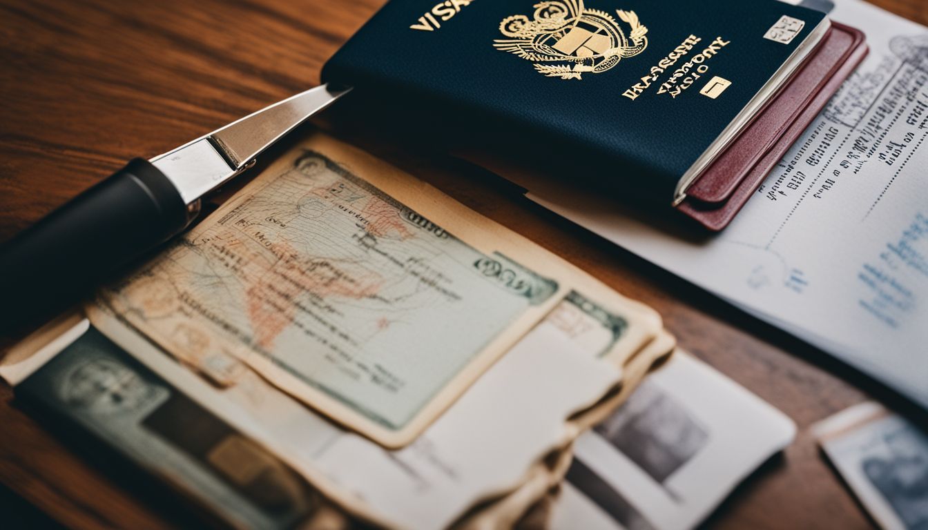 An open passport with a visa stamp surrounded by travel documents representing various destinations and experiences.