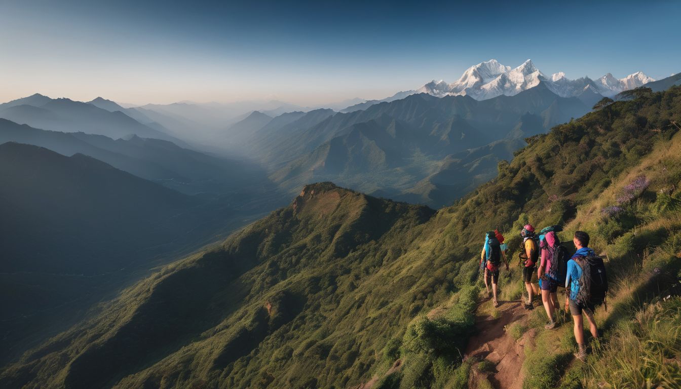 A diverse group of hikers enjoys the breathtaking view of the Nilgiri Mountains.