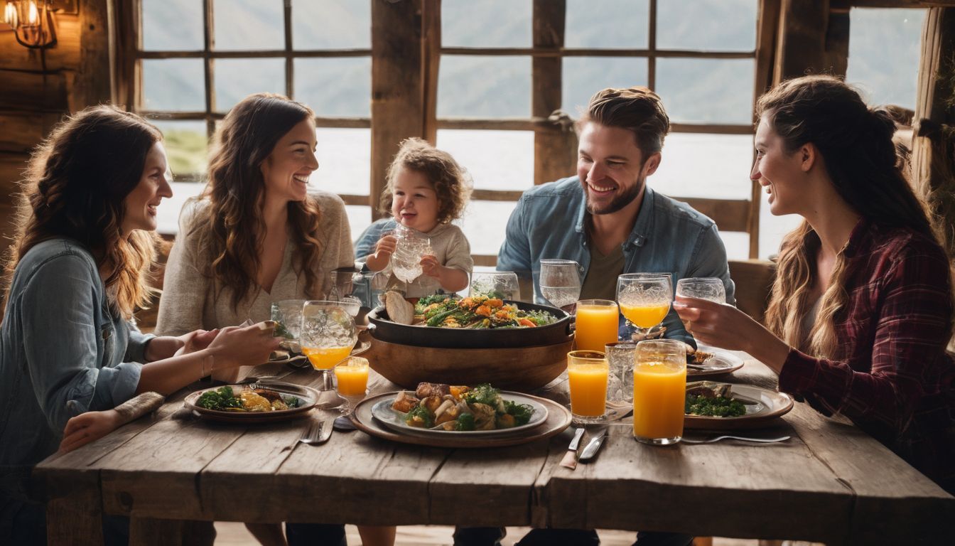 A diverse family enjoying a home-cooked meal together at a rustic dining table.