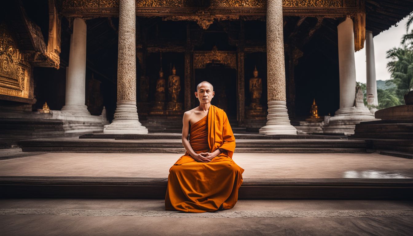 A solitary monk meditates peacefully in a corner of Wat Bowonniwet surrounded by serene architecture.