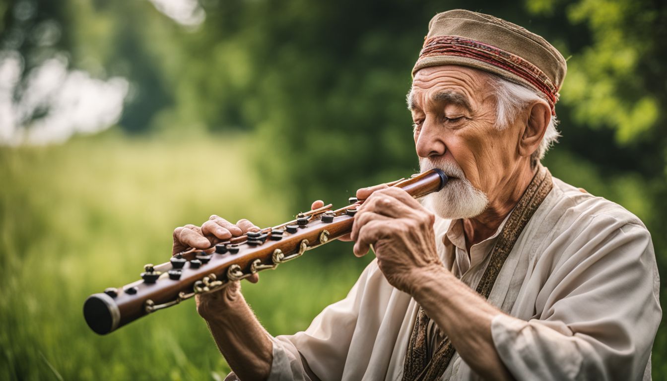 An elderly man passionately plays traditional music on a wooden flute in a lush green field.