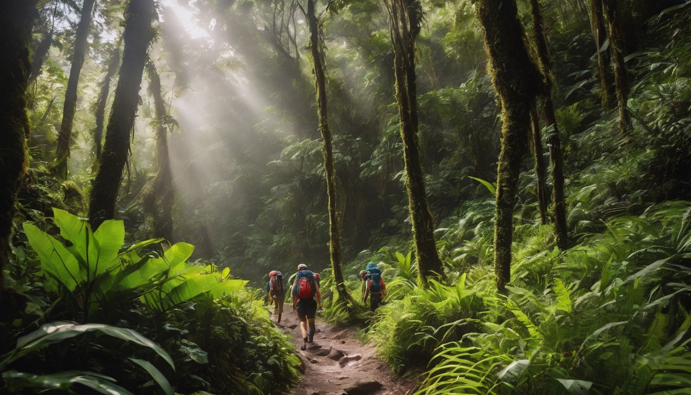 A diverse group of hikers explore a vibrant jungle trail in a bustling atmosphere.