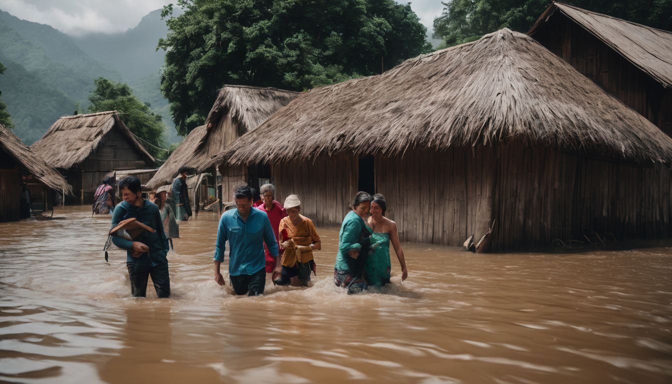 A group of people wade through floodwaters in a village, capturing the bustling atmosphere.