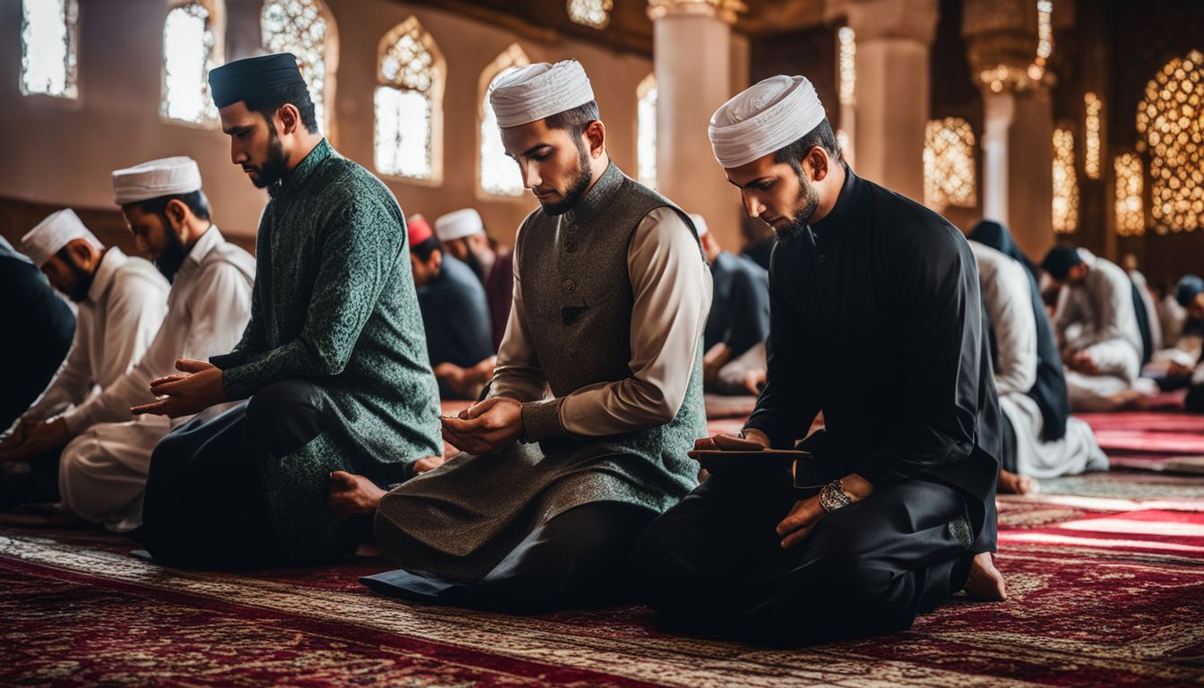 A photo of Muslims in prayer at the Baitul Mukarram Mosque showcasing the beautiful Islamic architecture, diverse faces, and bustling atmosphere.