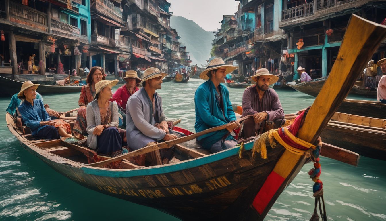 A diverse group of travelers boards a colorful longtail boat in a bustling cityscape.