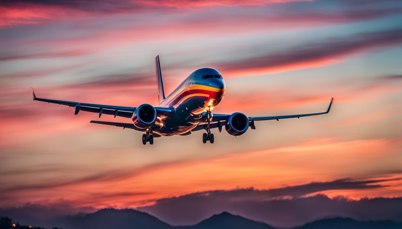 A photo of an airplane taking off against a colorful sunset sky featuring diverse people and a bustling atmosphere.