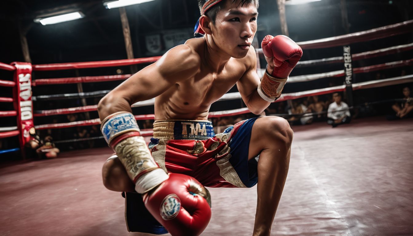 A young Muay Thai fighter, wearing a Mongkhon headband, trains in a traditional Thai gym.