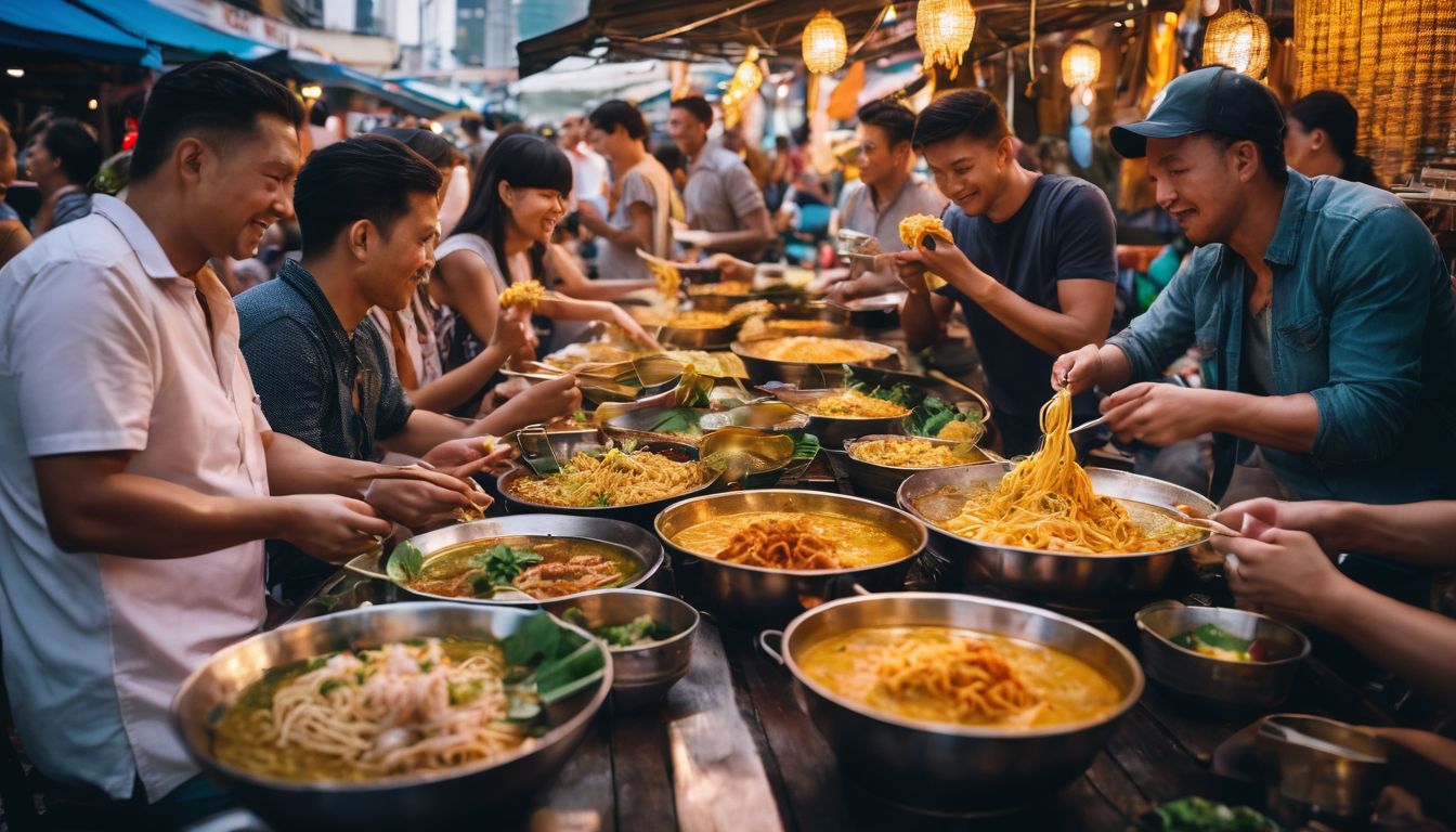A diverse group of people enjoying traditional Khao Soi meal at an outdoor street food market.
