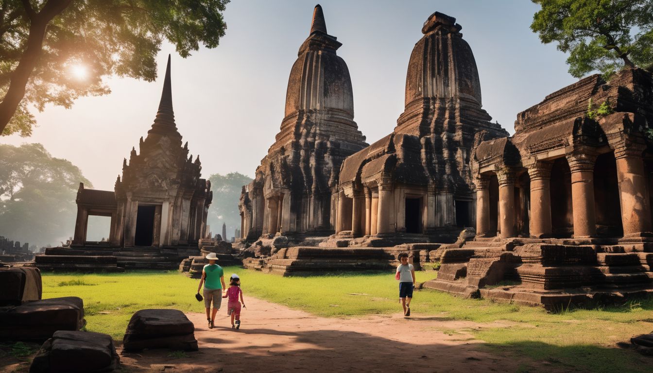 A family explores the ancient ruins of Wat Mahathat surrounded by beautiful landscapes.