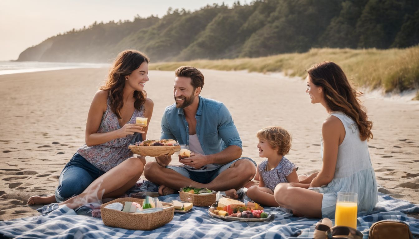 A family enjoys a beach picnic with a parking lot in the background.
