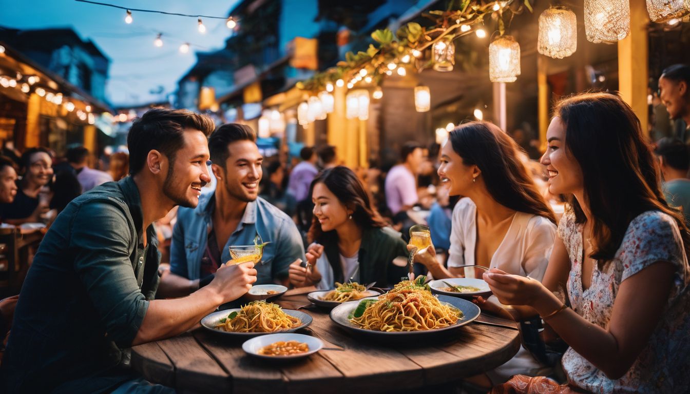 A diverse group of friends enjoying a meal at a vibrant outdoor restaurant with a cityscape in the background.