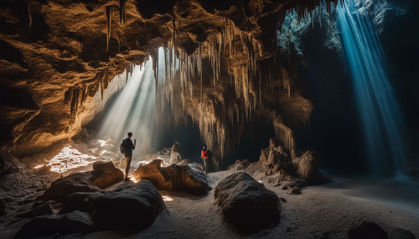 A hiker explores a cave filled with beautiful stalagmites in a bustling atmosphere, captured with high-quality photography.