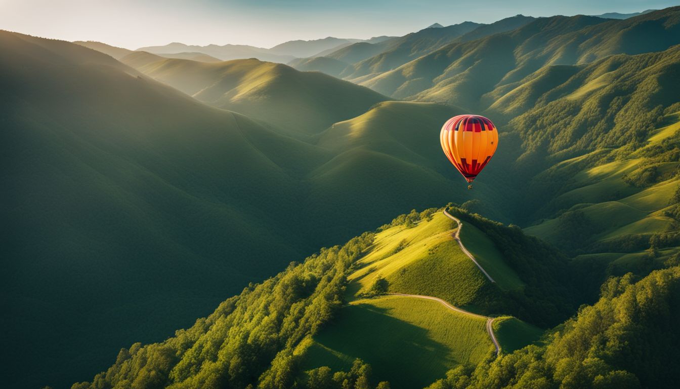 A vibrant hot air balloon floats above beautiful mountains, capturing different people and faces in various outfits.