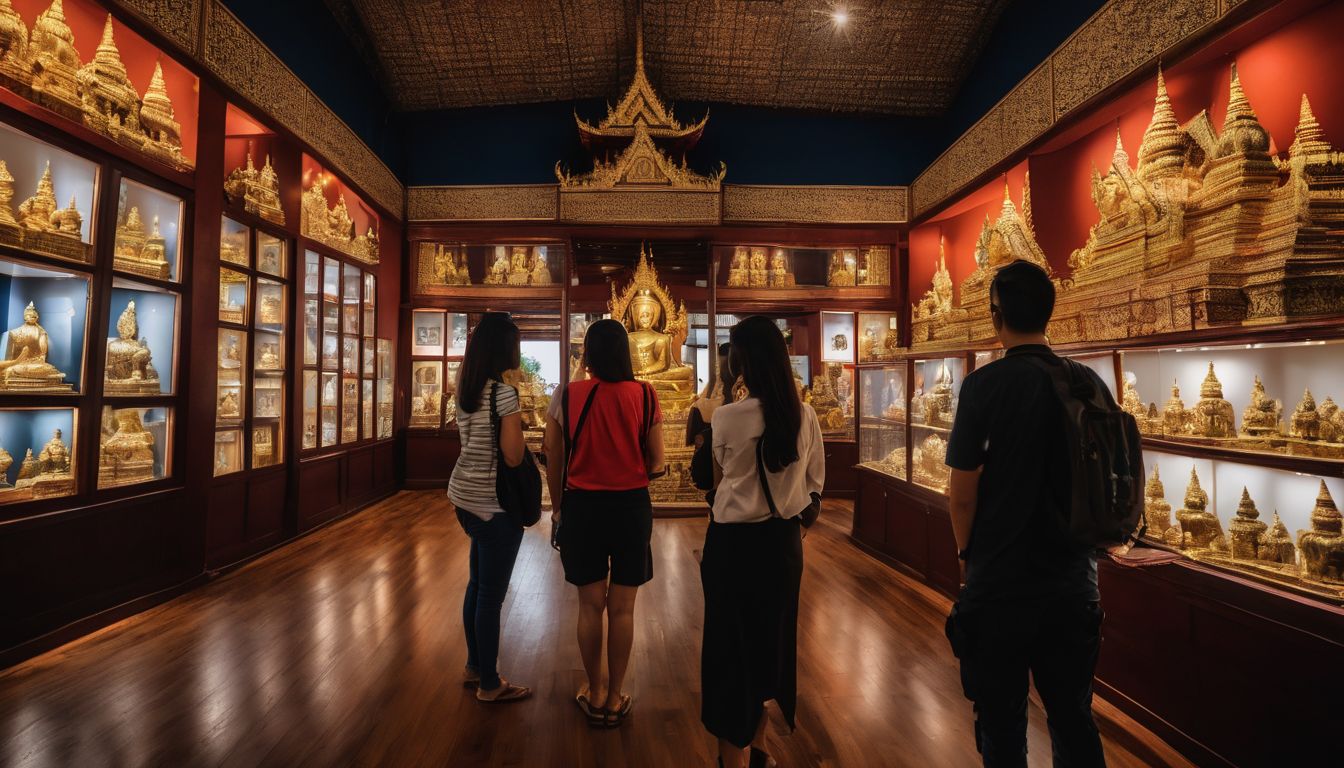 A group of tourists visit a small museum surrounded by beautiful Thai architecture.