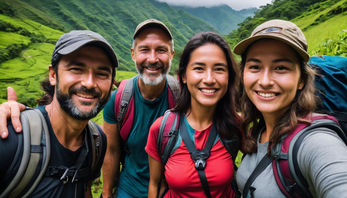 A group of happy tourists hike through the lush green hills of Jaflong, surrounded by breathtaking landscapes.