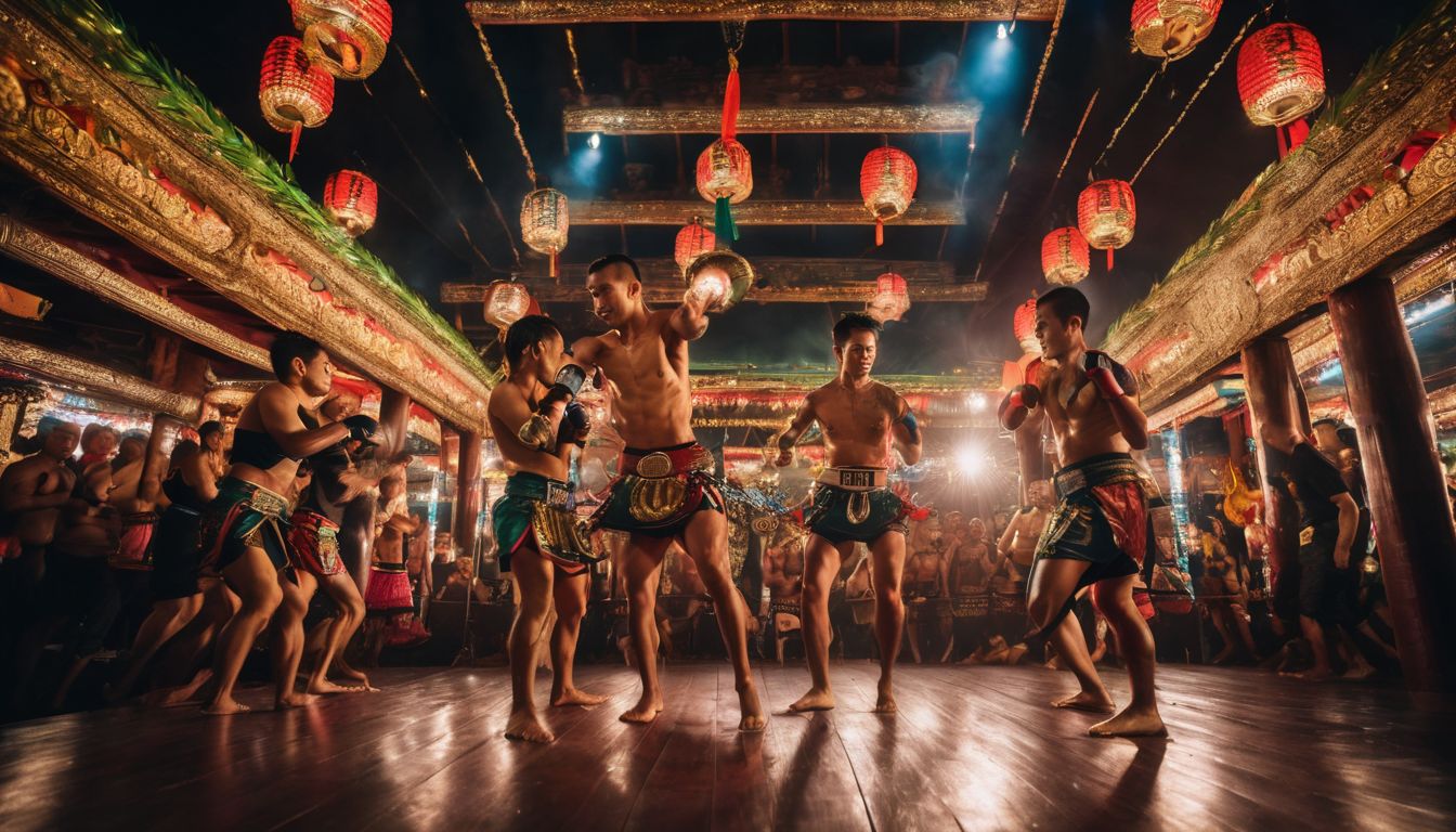 A diverse group of Muay Thai fighters showcase their traditional dance in a vibrant and bustling atmosphere.