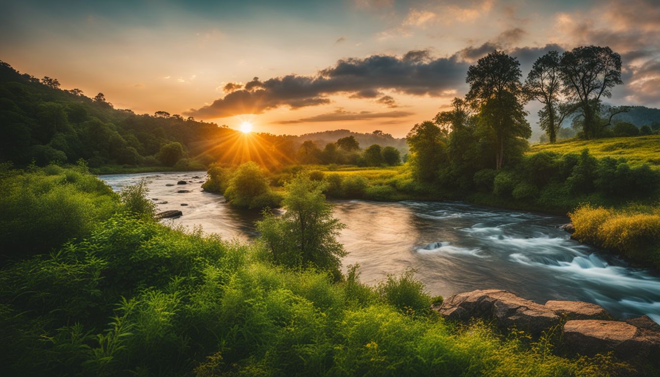 The photo captures a scenic sunset over a river surrounded by lush greenery and different people enjoying the view.
