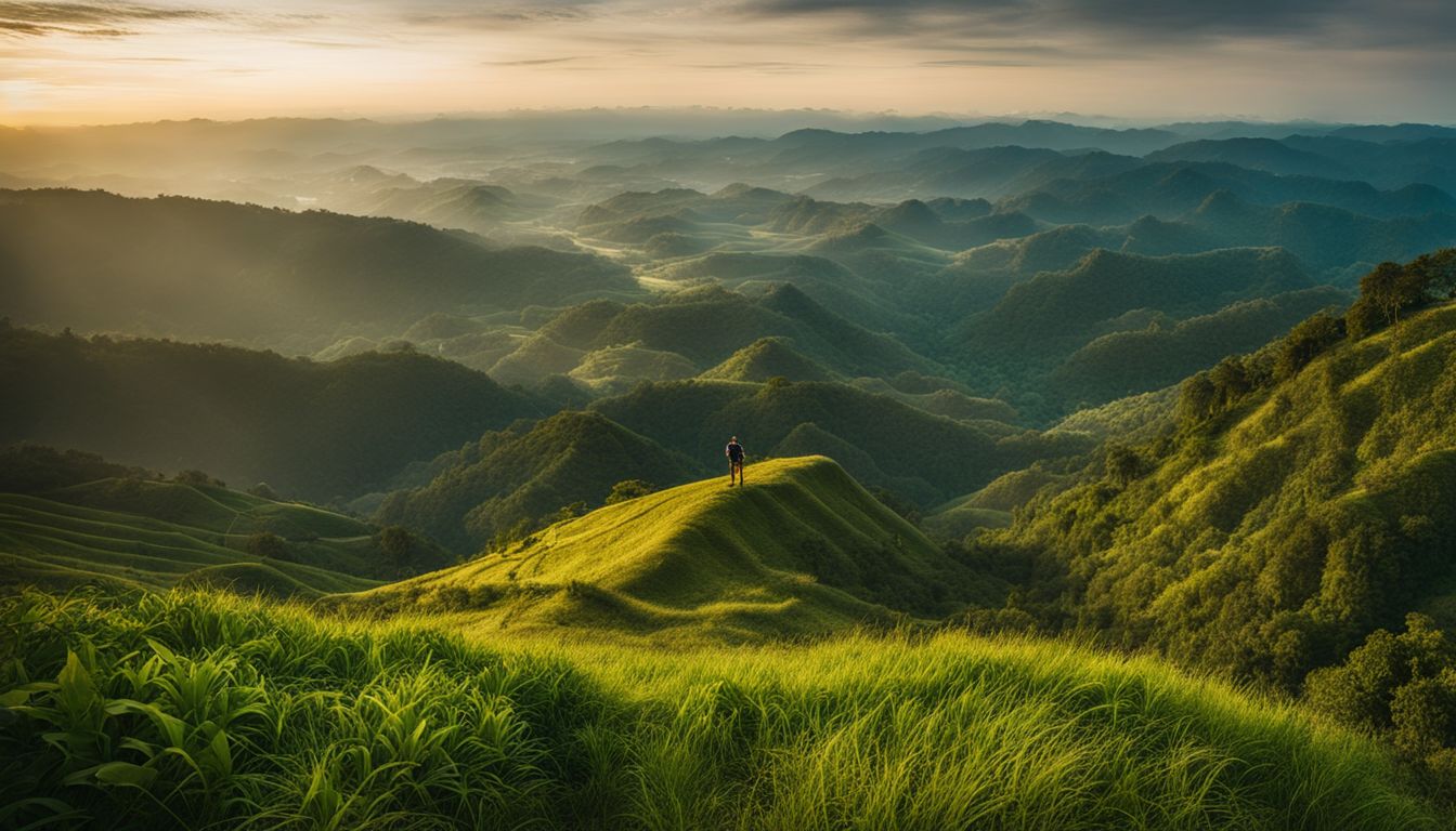 A hiker stands on a mountain peak, capturing the breathtaking beauty of Bandarban's lush green valleys.