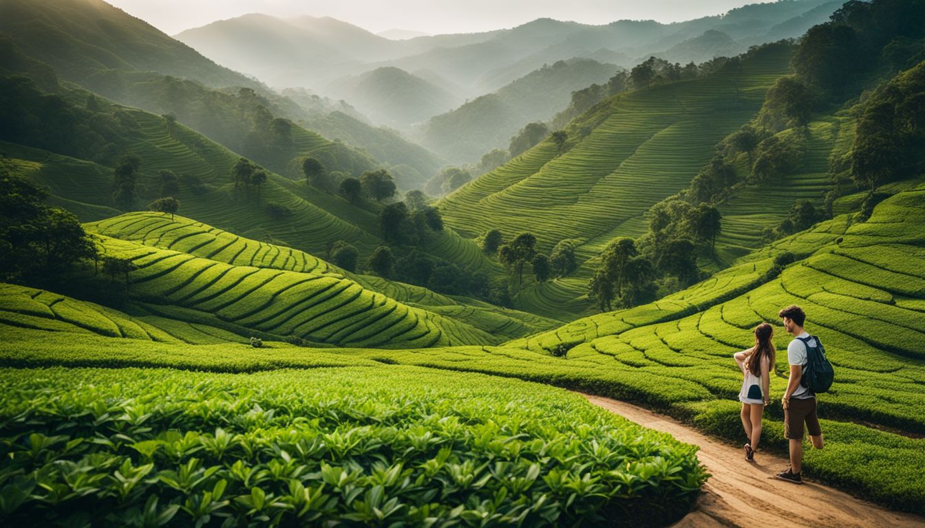 A photo showcasing lush tea gardens with vibrant greenery and a bustling atmosphere.
