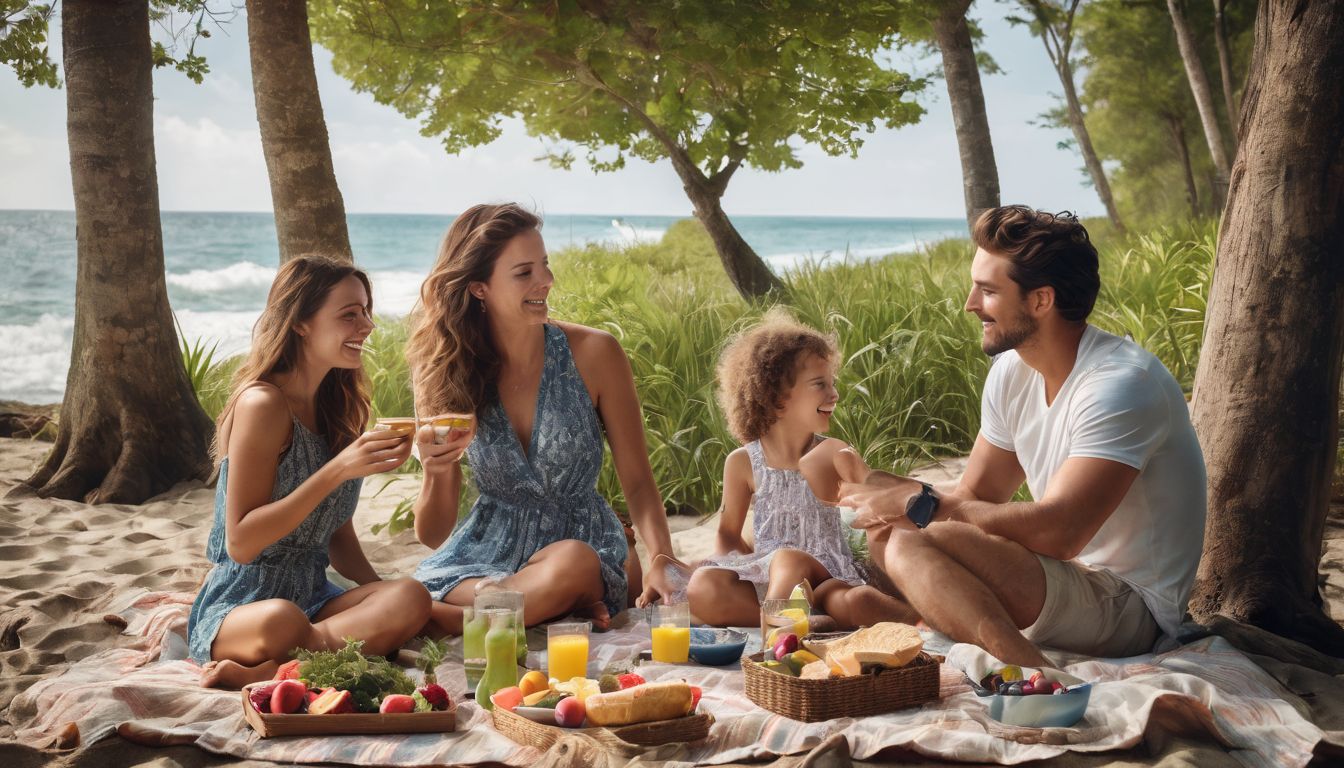 A diverse family enjoys a peaceful beach picnic surrounded by lush greenery in a bustling atmosphere.